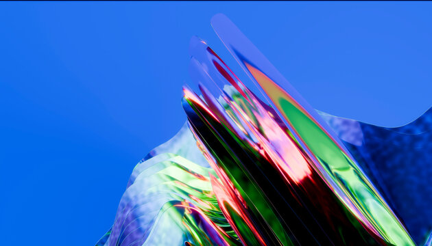 Abstract 3D iridescent glass ribbon on blue backdrop