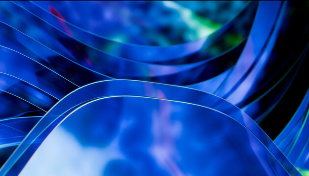 Abstract 3d blue glass ribbon wave with neon highlight