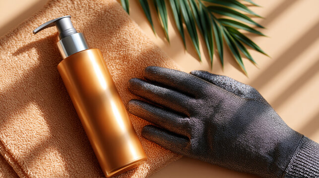 Self-tanning lotion and tanning glove laid out together on a clean surface, sunless tanning product set concept, beauty routine accessories, with copy space