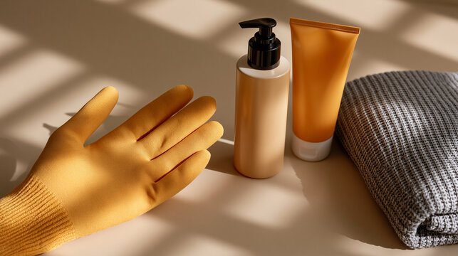 Self-tanning lotion and tanning glove laid out together on a clean surface, sunless tanning product set concept, beauty routine accessories, with copy space