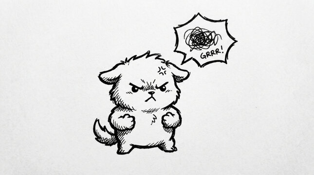 Cute Fluffy Dog Character Expressing Anger and Frustration.