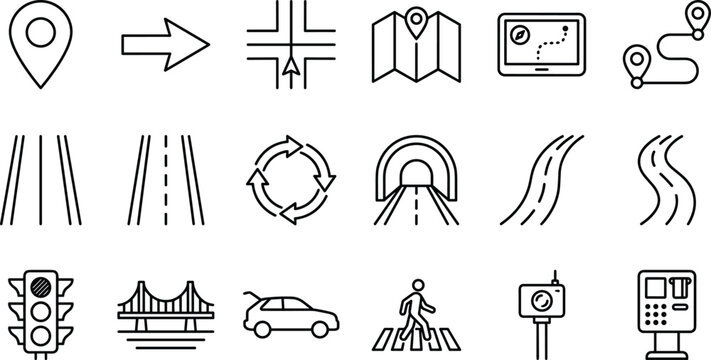 Road highway and traffic navigation line icon set with map pin bridge tunnel and car elements