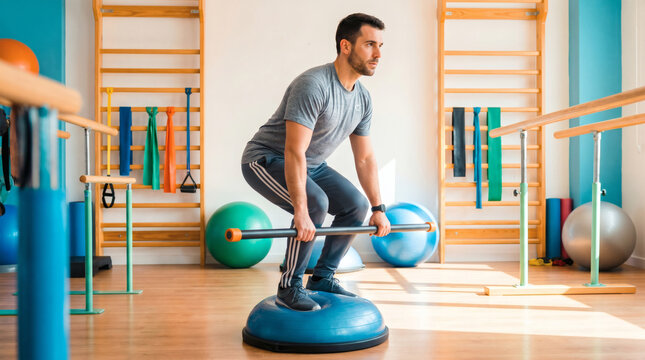 Man Performing Balance Training With Barbell In Rehabilitation Gym