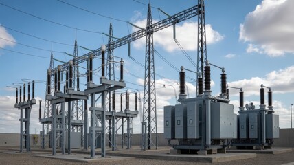 Obraz premium High voltage electrical power substation with transformers and transmission lines
