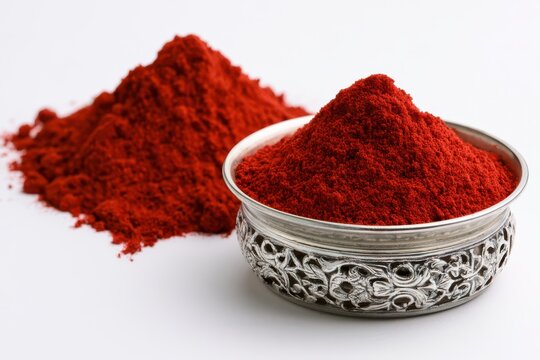 Traditional red sindoor powder in ornate silver bowl used for hindu wedding rituals india.