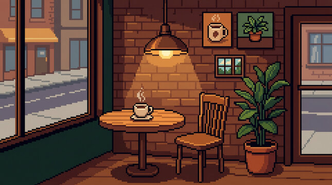 Cozy 32-bit pixel art illustration of a warm coffee shop interior with table, chair, coffee cup, lamp, and indoor plant.