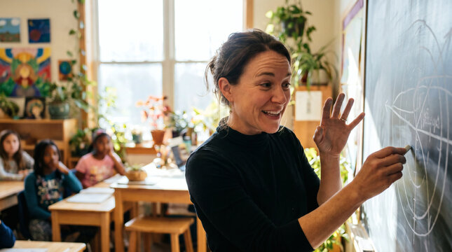A Female Teacher Gives A Lesson In A Primary School Classroom