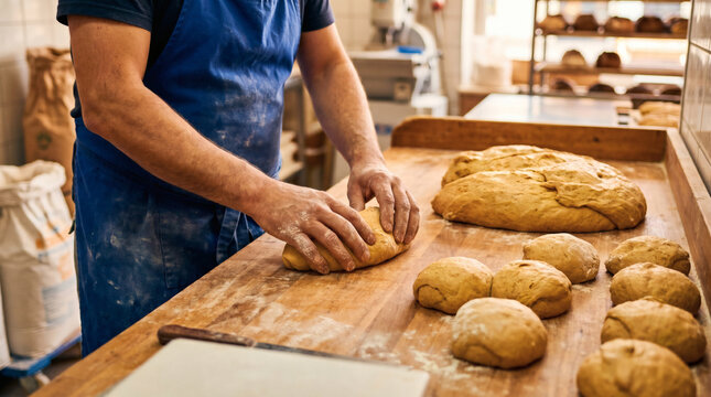 Artisan Baker Kneading Fresh Bread Dough in a Bakery Workshop