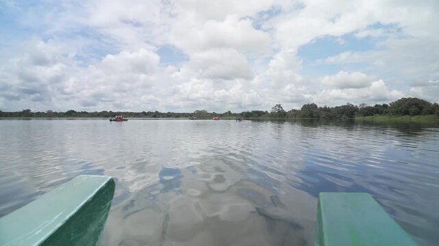 View of scenic boat safari on Hiriwadunna Wewa reservoir near Dambulla, Matale District, Sri Lanka, Asia
