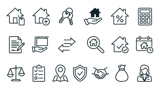 Real Estate and Property Management Line Icon Set Featuring Home Search, Mortgage, Contracts, Insurance, Location, and Housing Symbols