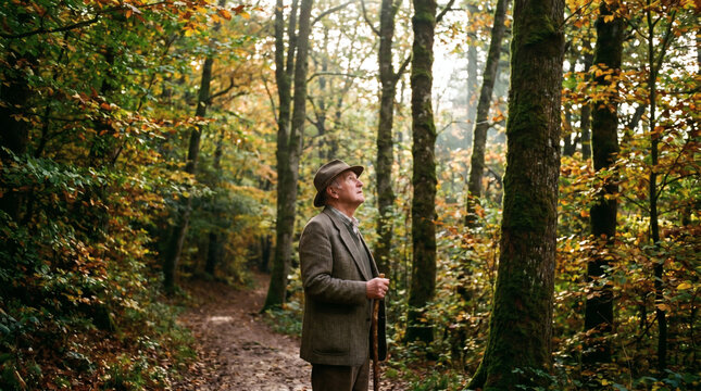 Elderly Man Enjoying Autumn Forest Hiking Scene
