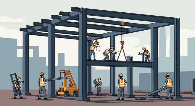 Construction workers building steel frame structure.