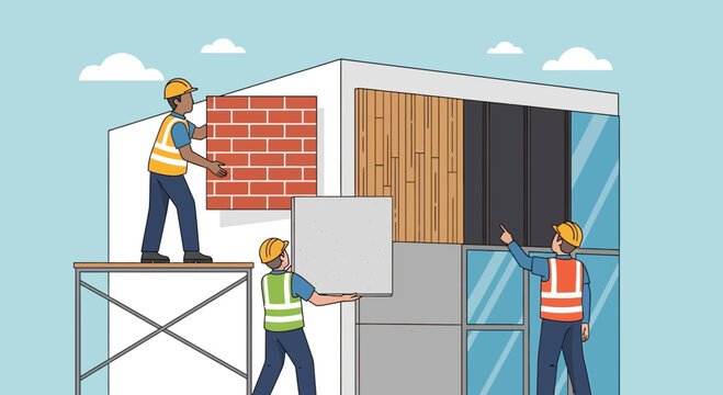 Construction workers installing building panels.