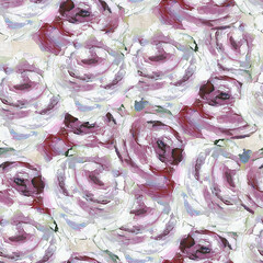 Obraz premium Seamless pattern with pink roses. Hand drawn oil illustration.