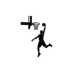 Black silhouette of a basketball player performing a slam dunk into a hoop isolated on a white background, showing the athlete in mid-air motion while holding a basketball above the rim for a score © Shahin67