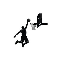 Black silhouette of a basketball player performing a slam dunk into a hoop isolated on a white background, showing the athlete in mid-air motion while holding a basketball above the rim for a score © Shahin67