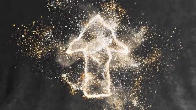 A glowing, upward-pointing arrow symbol formed by luminous particles and shimmering dust bursts dramatically outwards against a dark canvas, suggesting growth and success