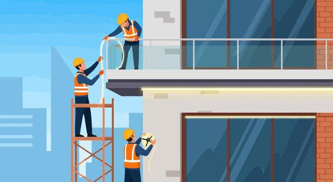 Construction workers on scaffolding outside building.