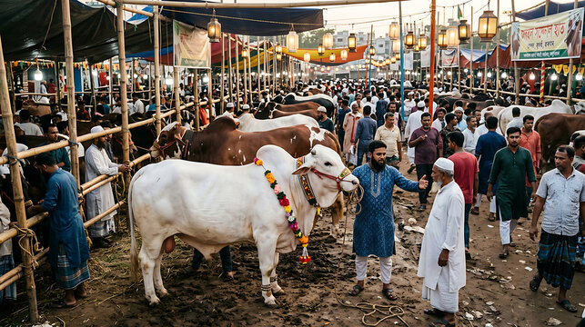 Crowded livestock market with large white bull for traditional festival