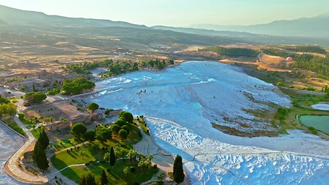 Aerial view of Travertines of Pamukkale, Turkey. Natural thermal pools, white terraces and green fields create a scenic landmark landscape.