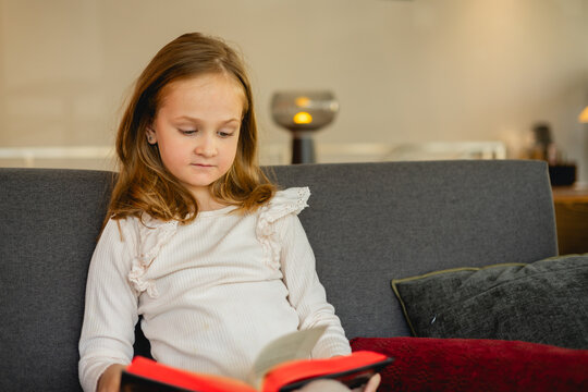 Little girl reading a book on a cozy sofa