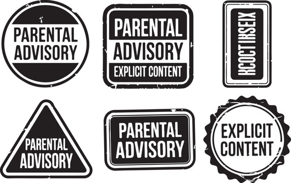 Parental advisory explicit content warning labels collection, various stamp shapes and styles for rating information, black graphics.