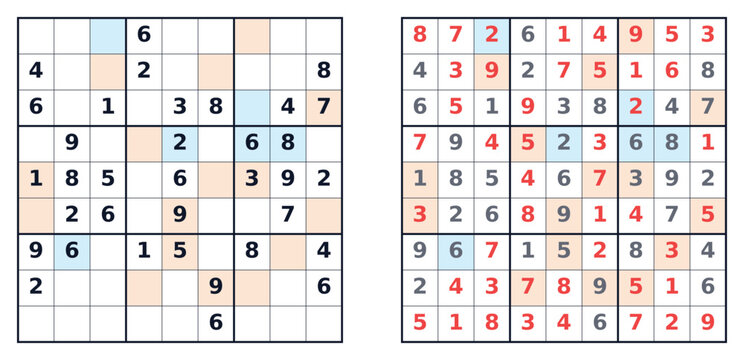 Sudoku puzzle completed with numbers and highlighted clues  