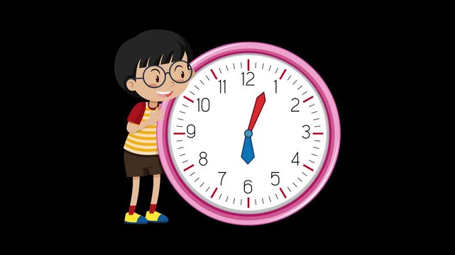 Cartoon boy pointing at large colorful clock with blue and red hands against black background