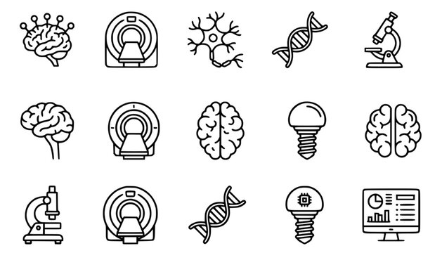 Neuroscience research tools: brain diagram, neuron cell, eeg headset, mri scanner, synapse connection, lab computer analysis, electrode probe, brain scan monitor