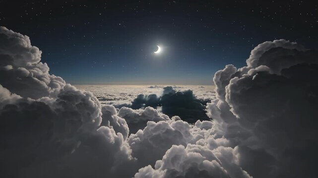 Crescent Moon Shining Through Dramatic Clouds at Night, Ethereal Celestial Dreamscape
