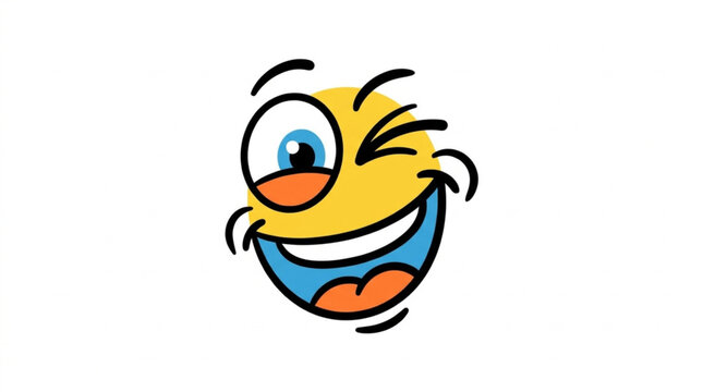 Funny cartoon face winking with a big smile and blue eyes.