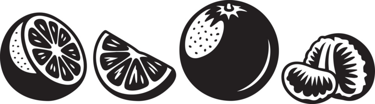 Orange fruit vector icons set depicting half orange slice tangerine segment citrus peel for juice drink or summer refresh.