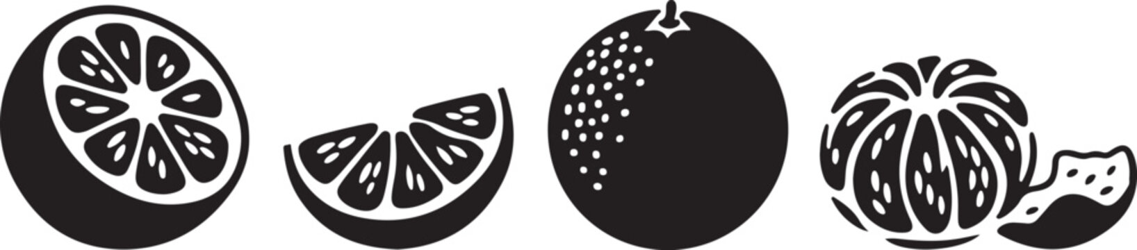 Orange fruit vector icons set depicting half orange slice tangerine segment citrus peel for juice drink or summer refresh.