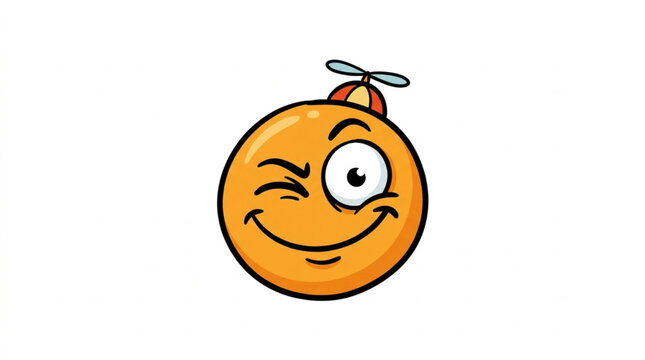 Funny Orange Emoji Character with Propeller Hat Winking.