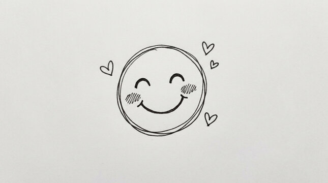 Hand Drawn Happy Face with Hearts Illustration.