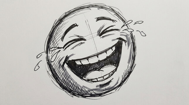 Hand drawn sketch of a laughing emoji face with tears of joy.