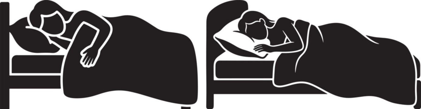 People sleeping comfortably in bed icon set with deep sleep sweet dreams stick figure bedroom furniture sleeping