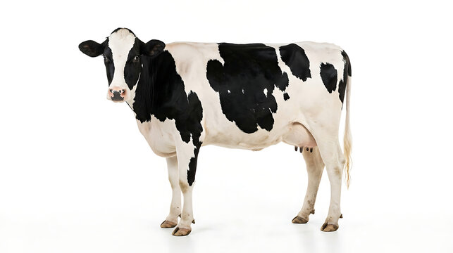 Black and white holstein dairy cow standing on white background with farm animal