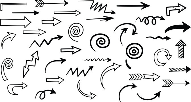 Hand Drawn Arrow Symbols Collection Featuring Curved Spiral Directional Sketch And Creative Pointer Elements