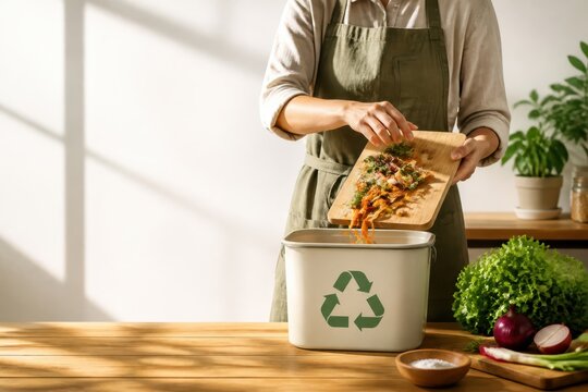 Calm home composting with kitchen scraps being sorted into an eco waste bin in a bright kitchen