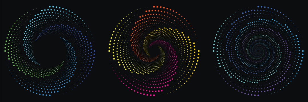 Abstract square dot vortex formations arranged in swirling radial patterns on dark black background.