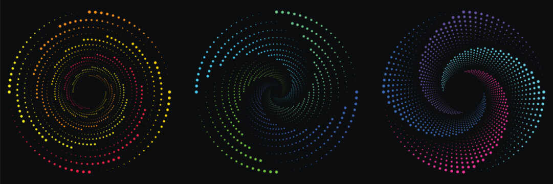 Abstract geometric spiral patterns with dotted elements arranged in circular formations on dark canvas.