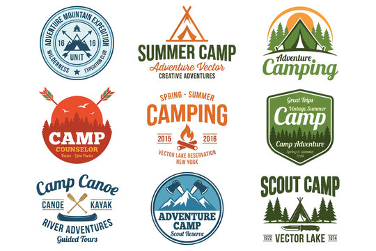 Adventure camp and outdoor expedition logos collection featuring vintage-style camping branding with retro typography, warm sepia tones, and rustic illustrations for summer camp marketing