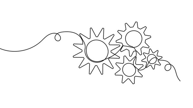 Four cogwheel gears icon sign continuous one line drawing on white background minimalist automation service for industrial symbol 4k animation video