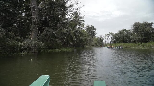 View of scenic boat safari on Hiriwadunna Wewa reservoir near Dambulla, Matale District, Sri Lanka, Asia