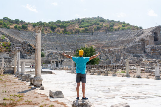 Traveler exploring ancient ruins at Efeso, Turkey