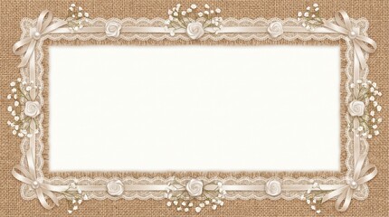 Burlap and lace border decorative frame with floral elements 