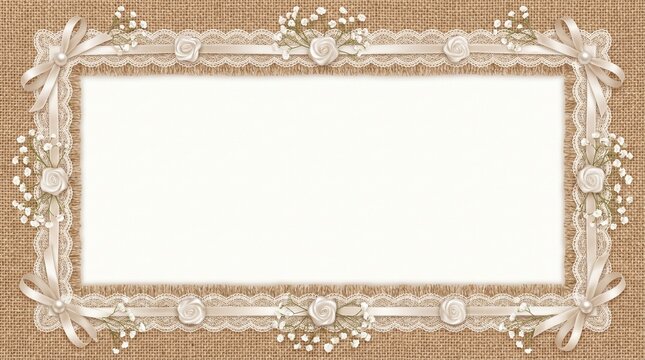 Burlap and lace border decorative frame with floral elements  