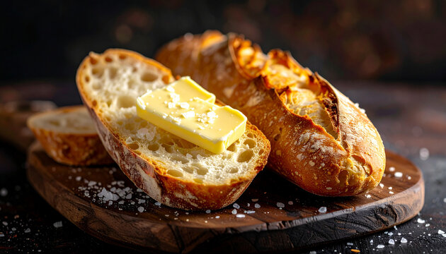 Fresh baguette slices with cultured butter and sea salt flakes in rustic minimal composition