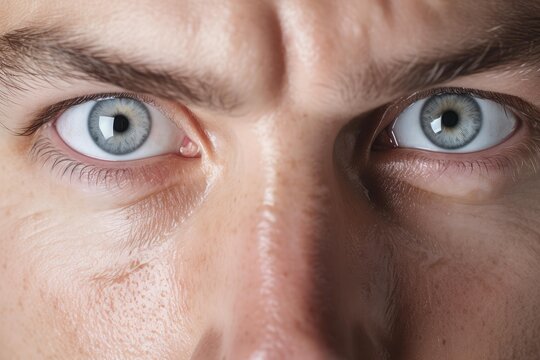 Man showing an angry and determined expression with furrowed brow and blue eyes